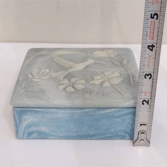 Vtg Signed Robert Nemith Hummingbird & Floral Inlay Blue Soapstone Trinket Box - Picture 10 of 10